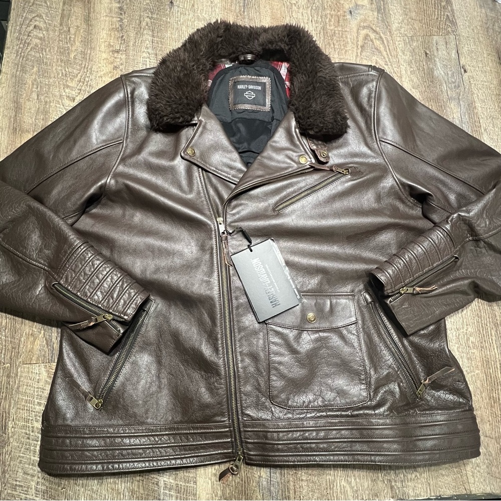 Harley Davidson Maverick Brown Leather  Bomber Jacket 3XL Lined Fir Trim NWT‎